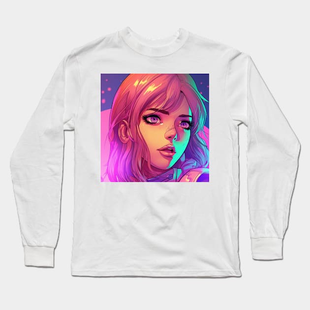 Synthwave Comic Girl Long Sleeve T-Shirt by kaileena-ai